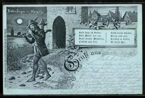 Lithographie Hameln, Rattenfänger von Hameln