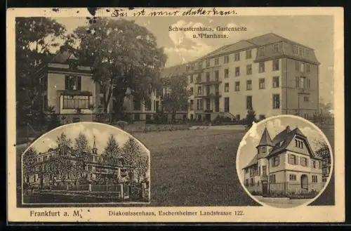 AK Frankfurt-Niederrad, Diakonissenhaus, Eschersheimer Landstrasse 122, Schwesternhaus Gartenseite und Pfarrhaus