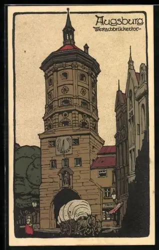 Steindruck-AK Augsburg, Pferdegespann passiert das Wertachbrückertor