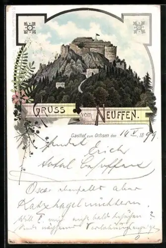 Lithographie Neuffen, Ansicht der Burg bei Nacht