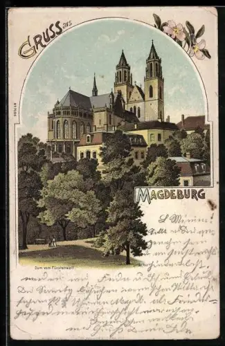 Lithographie Magdeburg, Dom vom Fürstenwall gesehen