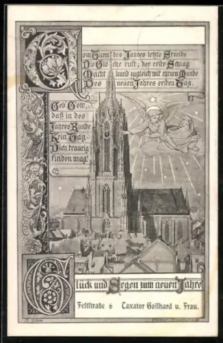 AK Alt-Frankfurt, Blick auf den Dom, Neujahrsgruss Taxator Gollhard und Frau, Feststrasse 6
