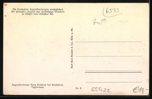 AK Bacharach, Jugendherberge Burg Stahleck, Tagesraum