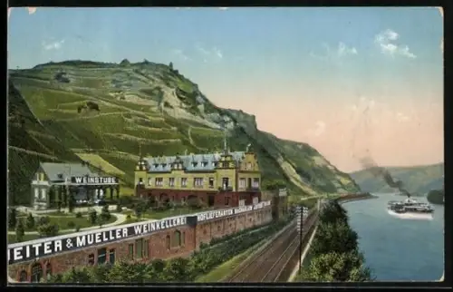 AK Bacharach am Rhein, Weinstube Jeiter & Müller mit Berg und Fluss