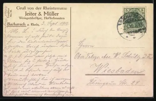 AK Bacharach am Rhein, Weinstube Jeiter & Müller mit Berg und Fluss