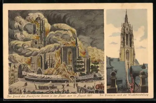 Künstler-AK Alt-Frankfurt, Brand am 15. August 1857 und Domturm nach Wiederherstellung
