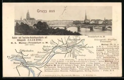 AK Frankfurt a. M., Radler- und Touristenpostkarte mit Landkarte, Mainblick