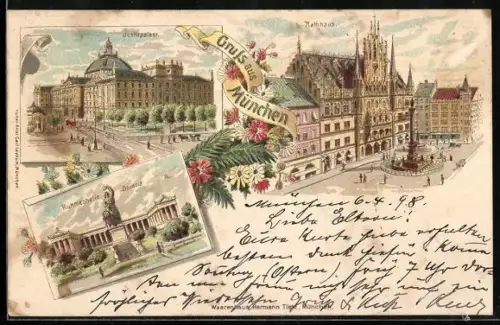 Lithographie München, Justizpalast, Ruhmeshalle mit Bavaria, Rathaus