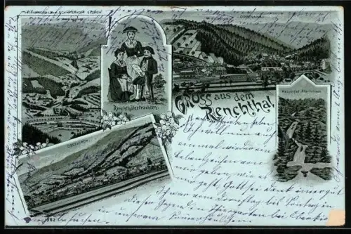 Lithographie Oppenau, Renchthal, Wasserfall Allerheiligen, Oberkirch, Landschaft von Bad Sulzach, Renchthälertrachten