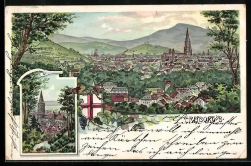 Lithographie Freiburg i. B., Blick auf das Münster, Stadt-Panorama