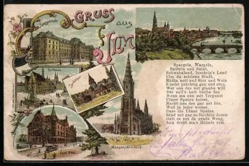 Lithographie Ulm / Donau, Ortsansicht, Justizgebäude, Zundelthor, Rathaus, Münster