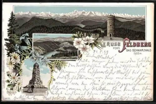 Lithographie Feldberg /Schwarzwald, Feldbergsee, Bismarckdenkmal