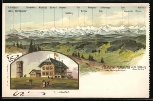 Lithographie Feldberg / Schwarzwald, Blick auf das Alpenpanorama, am Turmhotel