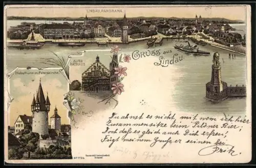 Lithographie Lindau / Bodensee, Panorama, Altes Rathaus, Diebsthurm m. Peterskirche, Dampfer