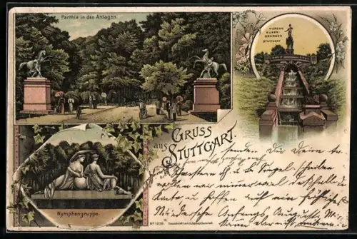 Lithographie Stuttgart, Partie in den Anlagen, Nymphgengruppe & Herzog Eugen-Brunnen