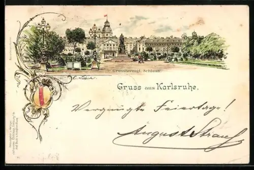 Lithographie Karlsruhe, Grossherzogliches Schloss mit Wappen