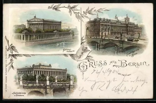 Lithographie Berlin, National-Galerie, Schlossbrücke & Museum, Börse, Burgstrasse