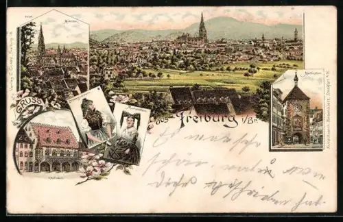 Lithographie Freiburg i. Br., Kaufhaus, Münster, Martinstor, Totalansicht