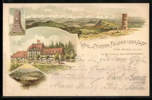 Lithographie Feldberg /Schwarzwald, Hotel und Pension Feldberger-Hof, Aussichtsturm, Denkmal