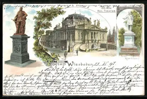 Lithographie Wiesbaden, Denkmal Kaiser Wilhelm I., Theater