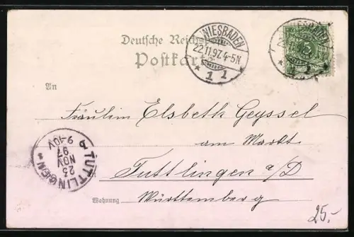 Lithographie Wiesbaden, Denkmal Kaiser Wilhelm I., Theater