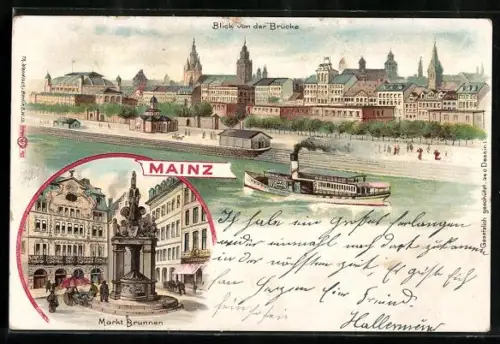 Lithographie Mainz, Blick von der Brücke, Markt Brunnen, Fahrrad-Fahrer