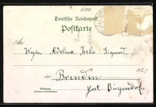 Lithographie Mainz, Blick von der Brücke, Markt Brunnen, Fahrrad-Fahrer