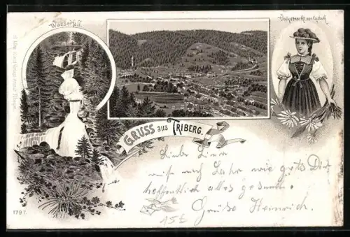 Lithographie Triberg, Am Wasserfall, Volkstracht von Gutach, Gesamtansicht aus der Vogelschau