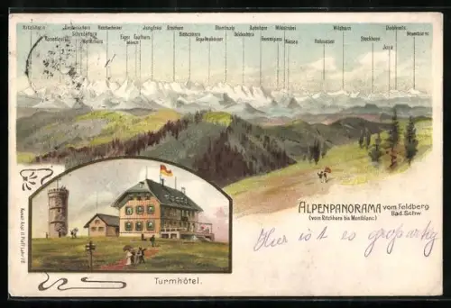 Lithographie Feldberg / Schwarzwald, Alpenpanorama, Turmhotel