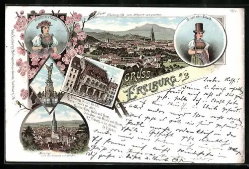 Lithographie Freiburg / B., Volkstracht v. Gutach & Elzach, Ortsansicht vom Hebsack aus & Münster vom Schlossberg gesehn