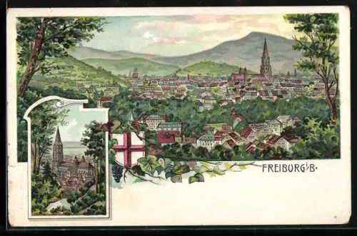 Lithographie Freiburg i. B., Blick auf das Münster, Stadt-Panorama