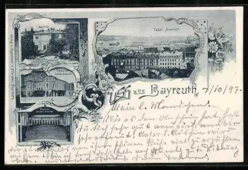 AK Bayreuth, Villa Wahnfried, Innen- und Seitenansicht des Theaters, Ortsansicht