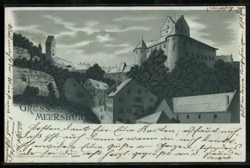 Lithographie Meersburg, Teilansicht der Stadt bei Nacht