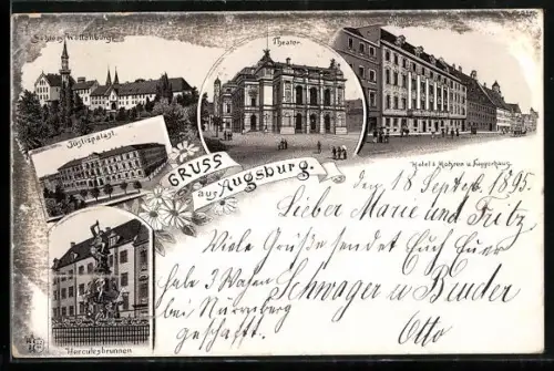 Vorläufer-Lithographie Augsburg, 1895, Justizpalast, Hotel z. Mohren und Fuggerhaus