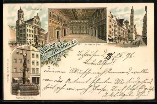 Lithographie Augsburg, Rathaus, Goldener Saal, Marktbrunnen