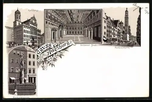 Lithographie Augsburg, Rathaus, Goldener Saal, Merkurbrunnen