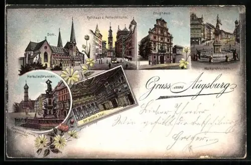 Lithographie Augsburg, Der goldene Saal, Zeughaus, Merkurs- und Herkulesbrunnen