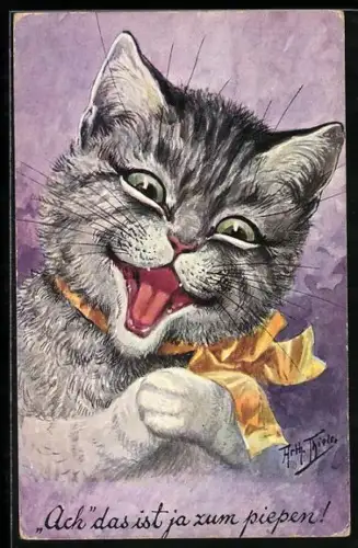 Künstler-AK Arthur Thiele: Katze mit gelber Schleife freut sich