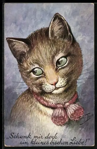 Künstler-AK Arthur Thiele: Katze mit grünen Augen und rotem Halsband, Portrait