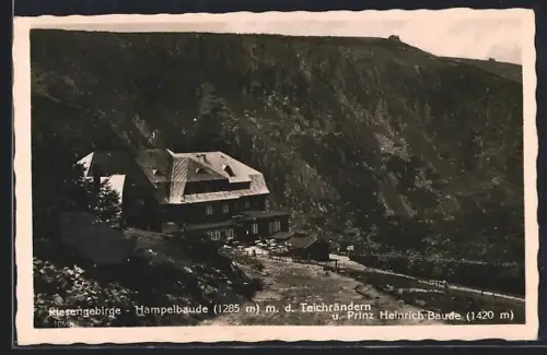 AK Hampelbaude /Riesengebirge, Hampelbaude mit den Teichrändern und Prinz Heinrich-Baude