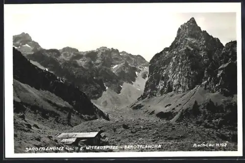 AK Sarottlahütte, Sarottlahütte mit Mittagspitze und Sarottlahorn