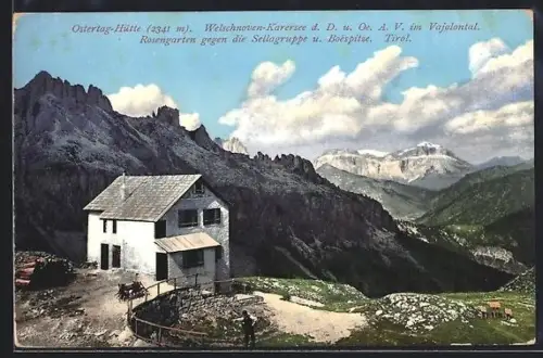 AK Ostertag-Hütte, Rosengarten gegen die Sellagruppe und Boespitze