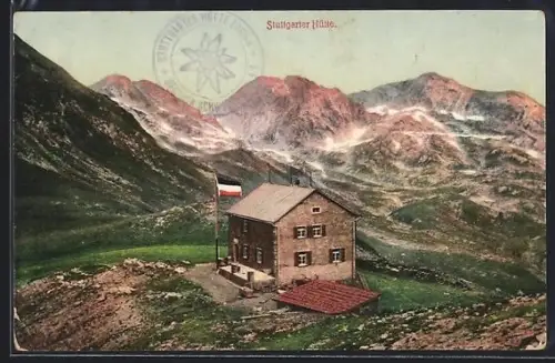 AK Stuttgarter Hütte mit Blick in die Berge