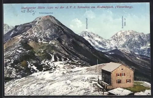 AK Stuttgarter Hütte der A. V. S. Schwaben am Krabachjoch, Trittwengspitze, Gümpelkopf und Krabachspitze