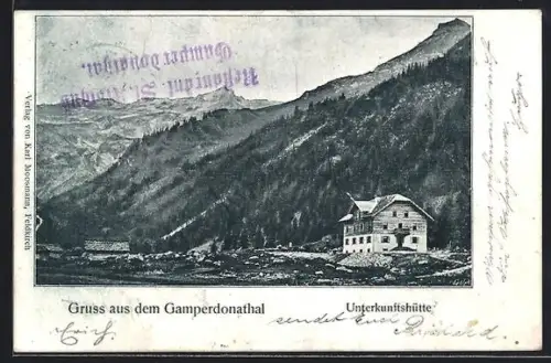 AK Gamperdonathal-Unterkunftshütte, Blick auf die Hütte