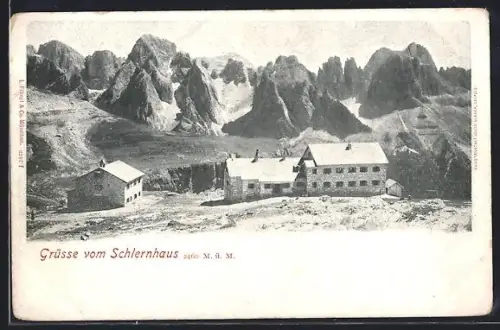 AK Schlernhaus, Ansicht mit dem Rosengarten in den Dolomiten