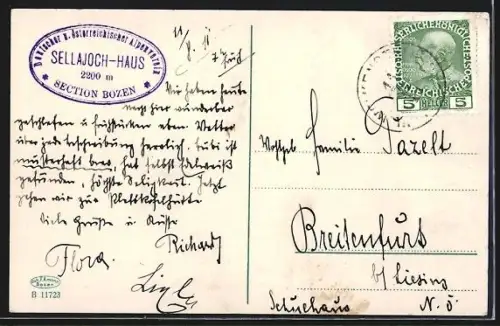 AK Sellajochhaus, Berghütte d. S. Bozen d. D. u. Ö. A.-V. gegen die Sella, Dolomiten