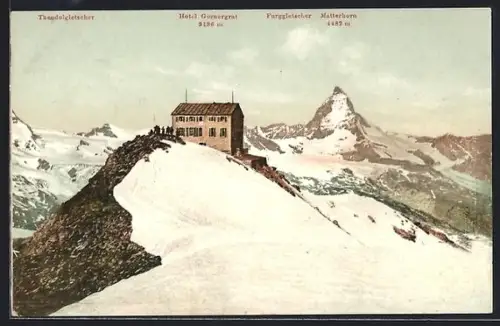AK Gornergrat, Hotel mit Theodulgletscher, Furggletscher und Matterhorn