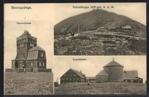 AK Schneekoppenhäuser, Riesengebirge, Aussenansicht der Koppenhäuser u. des Observatoriums