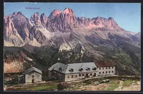 AK Schlernhaus, Hütte d. S. Bozen des D. u. Ö. Alpenverein, mit dem Rosengarten